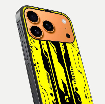 Electric Pulse CYBERPUNK Custom Name Glass Case for iPhone 17 Pro Max close-up highlighting tech pattern, lighting effect, and reflection shine