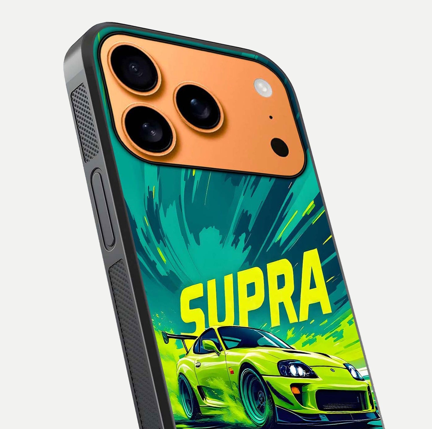 Electric Supra Thunder Glass Case for iPhone 17 Pro Max close-up highlighting car reflection, neon tones, and gloss polish