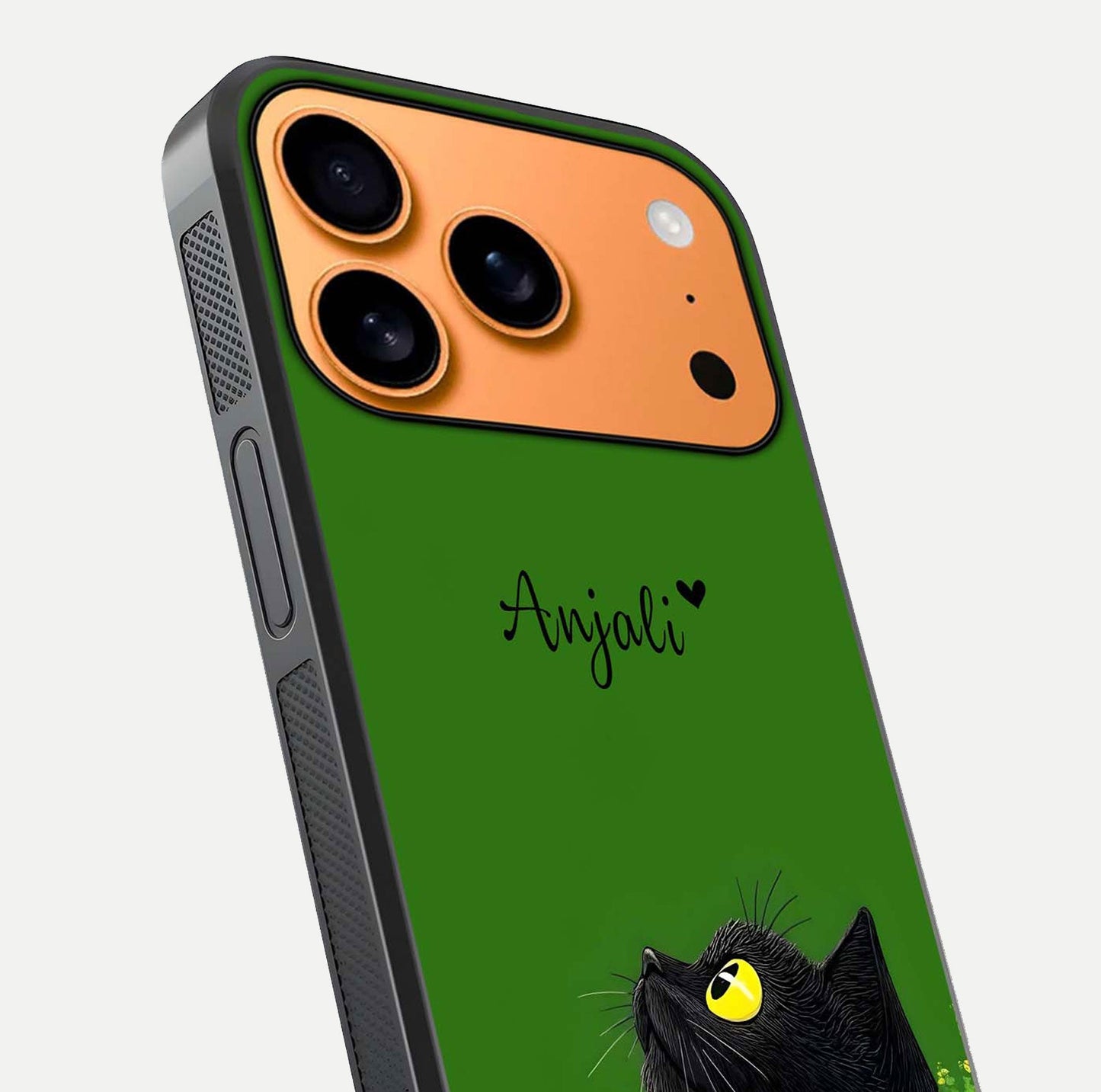 Emerald Cat Custom Name Glass Case for iPhone 17 Pro Max close-up highlighting feline detail, emerald hues, and reflection polish