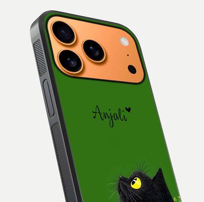 Emerald Cat Custom Name Glass Case for iPhone 17 Pro Max close-up highlighting feline detail, emerald hues, and reflection polish