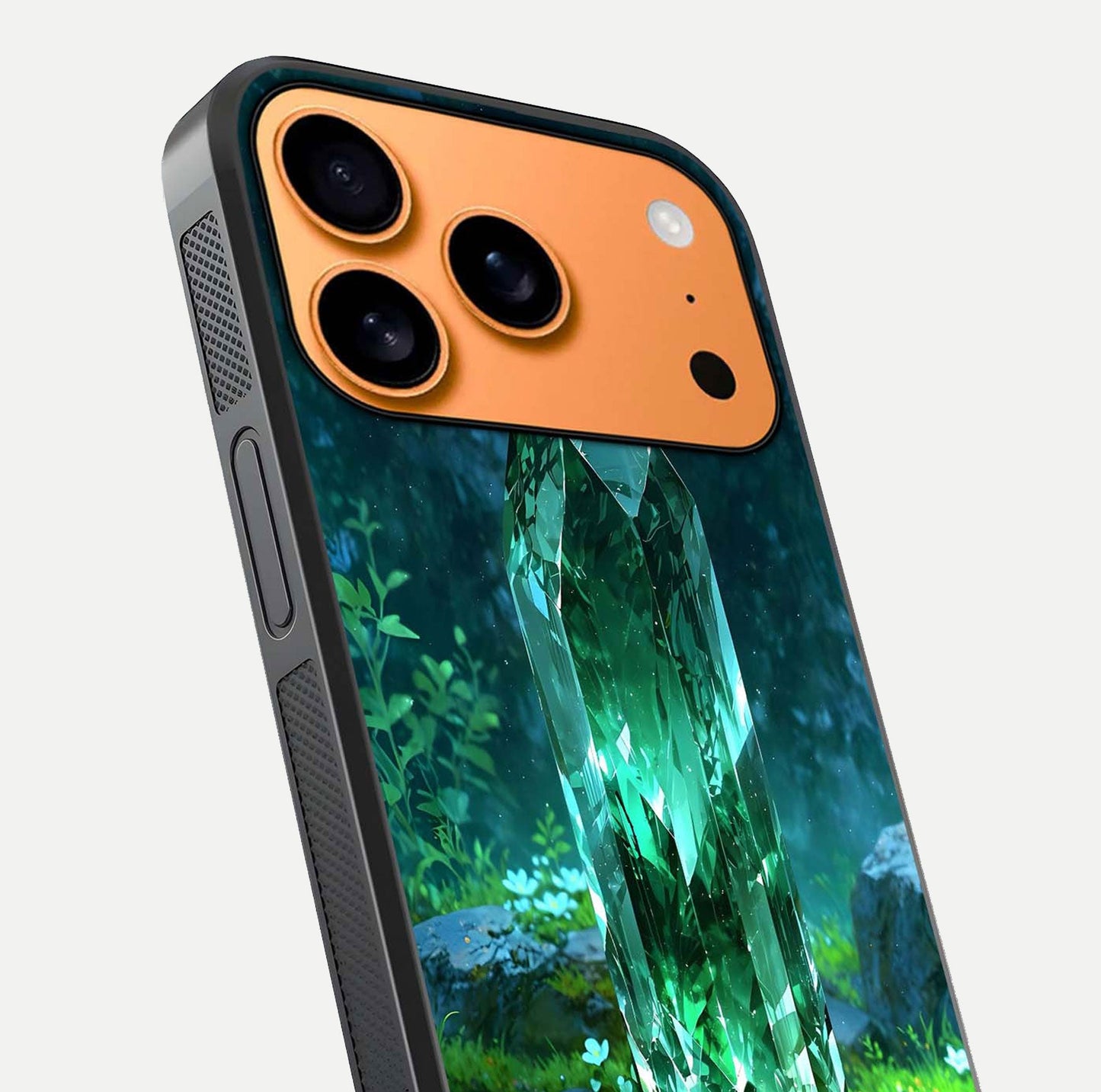 Emerald Light Crystal Glass Case for iPhone 17 Pro Max close-up highlighting crystal texture and reflection glow