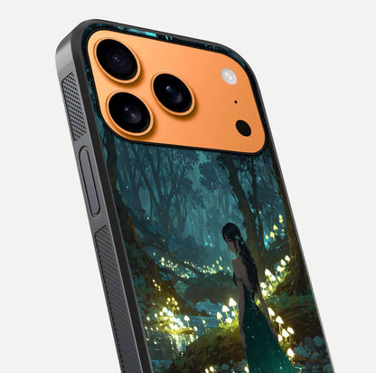 Enchanted Forest Glow Glass Case for iPhone 17 Pro Max close-up highlighting trees, lights, and reflection texture