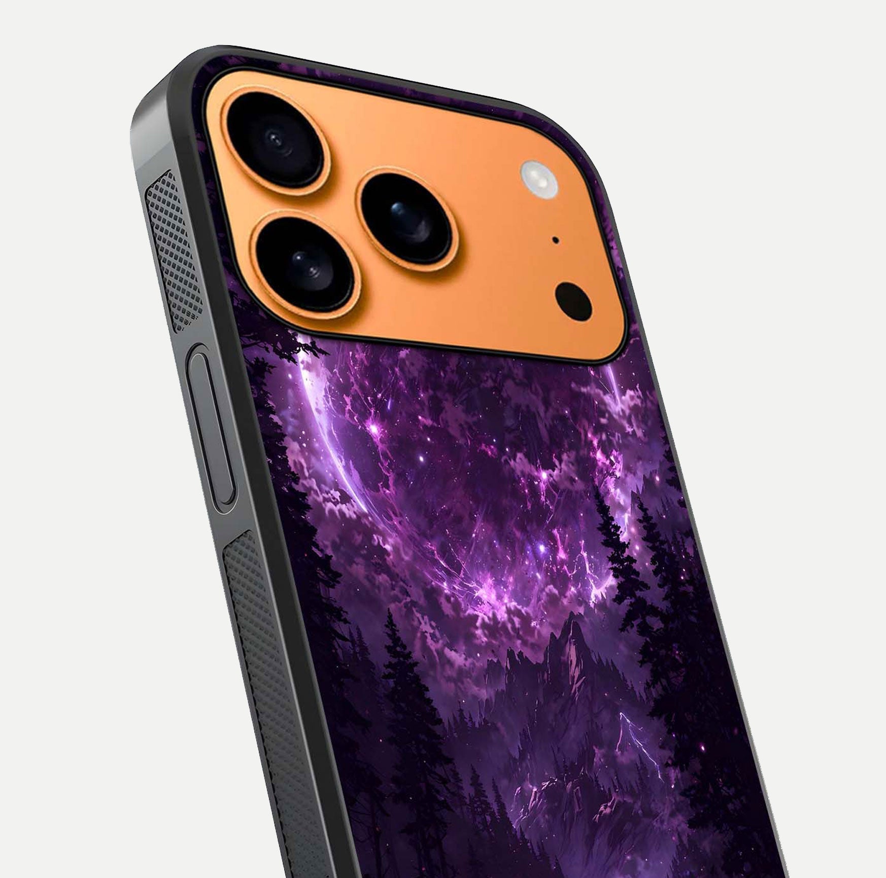 Eternal Cosmic Drive Glass Case for iPhone 17 Pro Max close-up highlighting cosmic lights and reflection depth