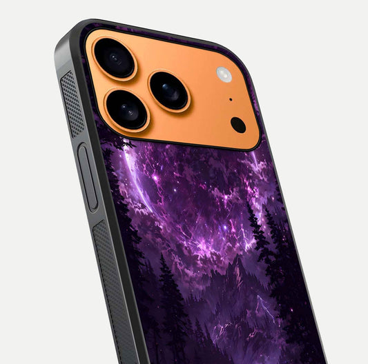 Eternal Cosmic Drive Glass Case for iPhone 17 Pro Max close-up highlighting cosmic lights and reflection depth