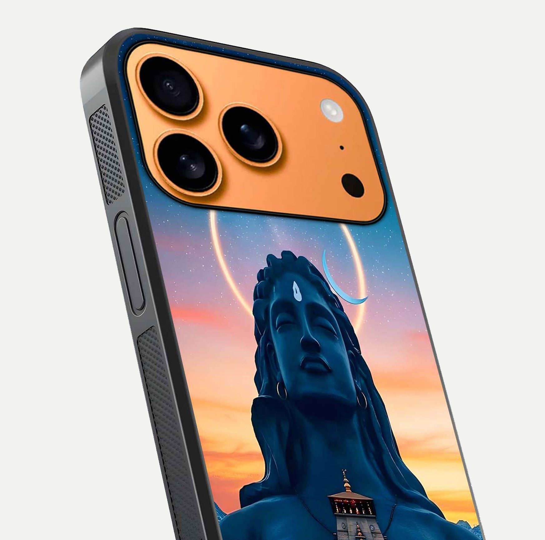 Eternal Shiva Aura Glass Case for iPhone 17 Pro Max close-up highlighting divine detailing and reflection light