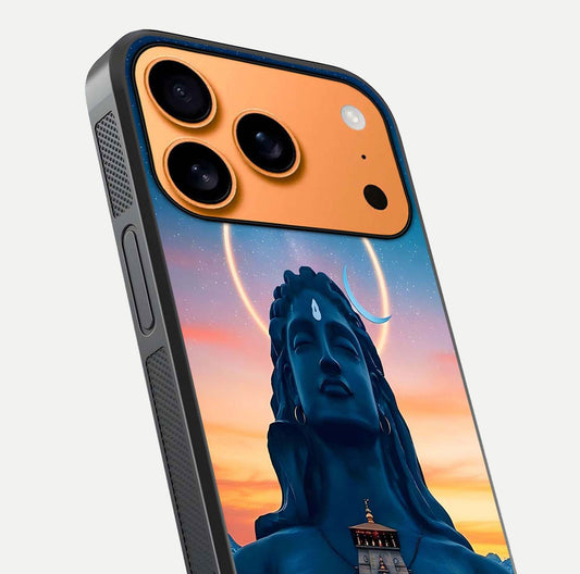 Eternal Shiva Aura Glass Case for iPhone 17 Pro Max close-up highlighting divine detailing and reflection light