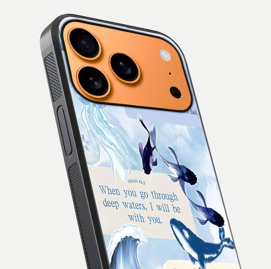 Faithful Ocean Promise Glass Case for iPhone 17 Pro Max close-up highlighting water reflection and serene blue tones