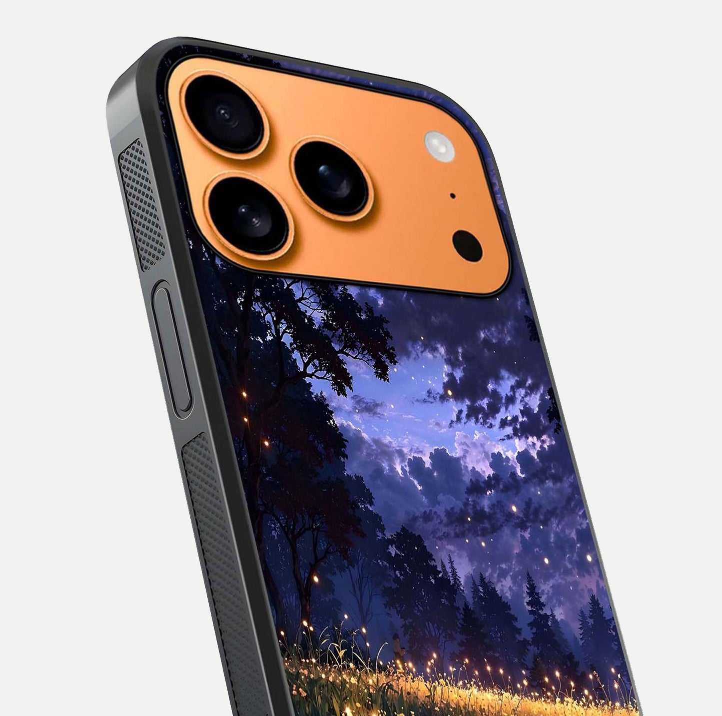 Firefly Meadow Magic Glass Case for iPhone 17 Pro Max close-up highlighting luminous firefly light and reflection detail