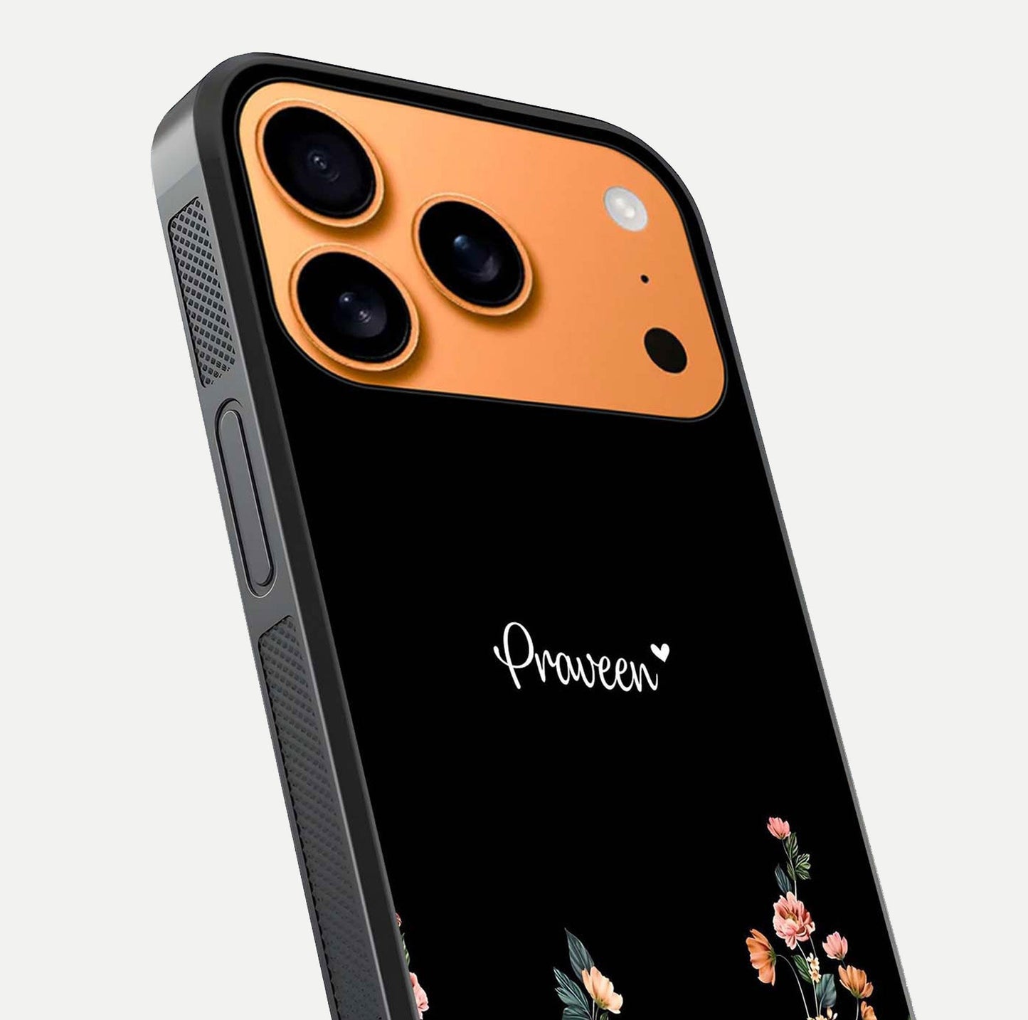 Floral Design Personalized Custom Name Glass Case for iPhone 17 Pro Max close-up highlighting name clarity, petals, and gloss