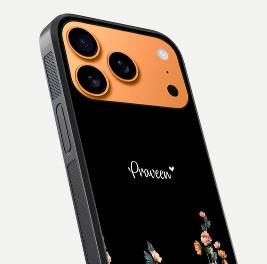 Floral Design Personalized Custom Name Glass Case for iPhone 17 Pro Max close-up highlighting name clarity, petals, and gloss