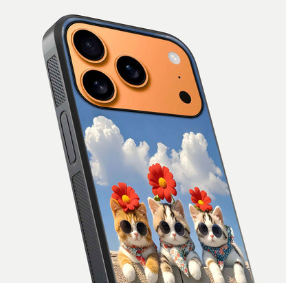 Floral Kitty Squad Glass Case for iPhone 17 Pro Max close-up highlighting cat detail and flower patterns with HD shine