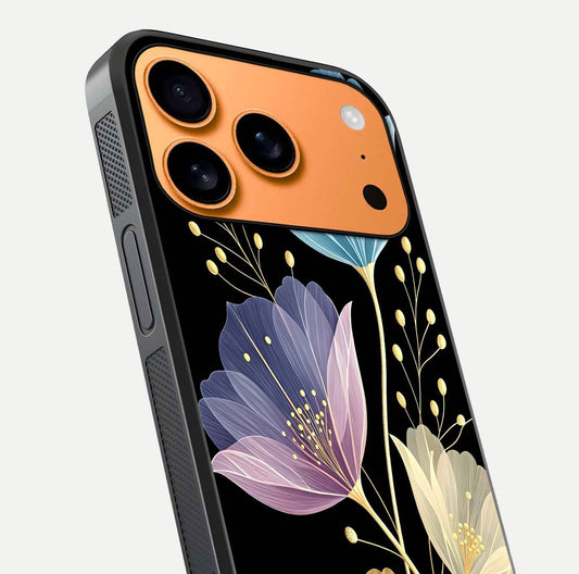 Flower Bloom Glow Glass Case for iPhone 17 Pro Max close-up highlighting bloom detail and reflection polish