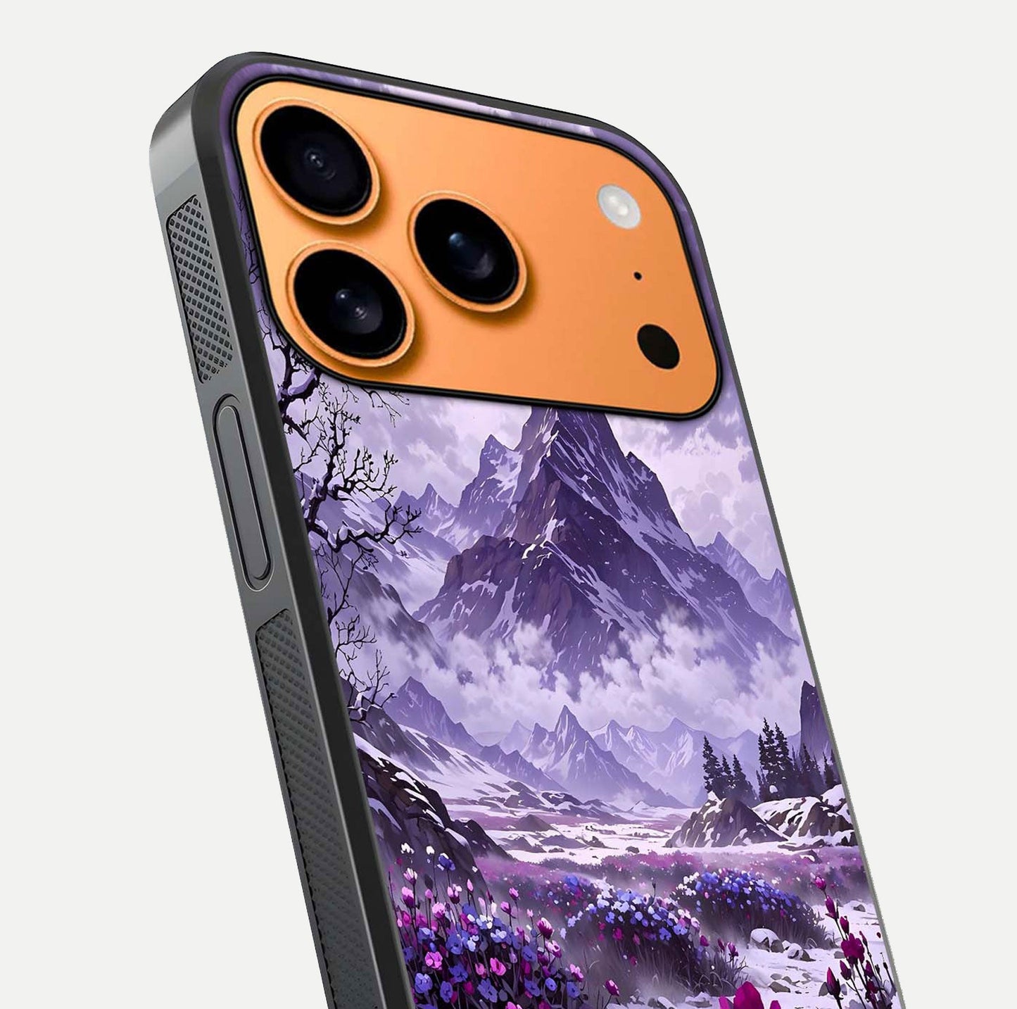 Flower Mountain View Glass Case for iPhone 17 Pro Max close-up highlighting petal details and sky reflection