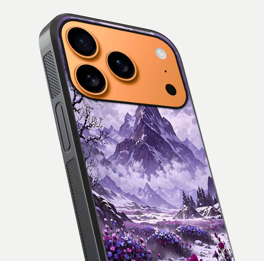Flower Mountain View Glass Case for iPhone 17 Pro Max close-up highlighting petal details and sky reflection