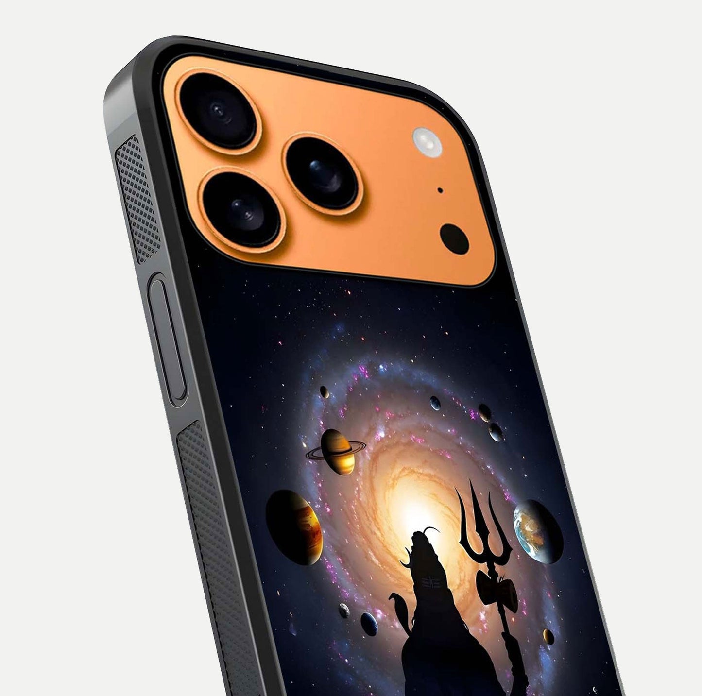 Galactic Shiva Vision Glass Case for iPhone 17 Pro Max close-up angled shot highlighting divine aura, trident details, and reflection shine