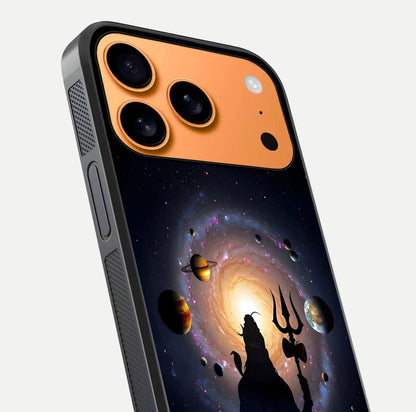 Galactic Shiva Vision Glass Case for iPhone 17 Pro Max close-up angled shot highlighting divine aura, trident details, and reflection shine