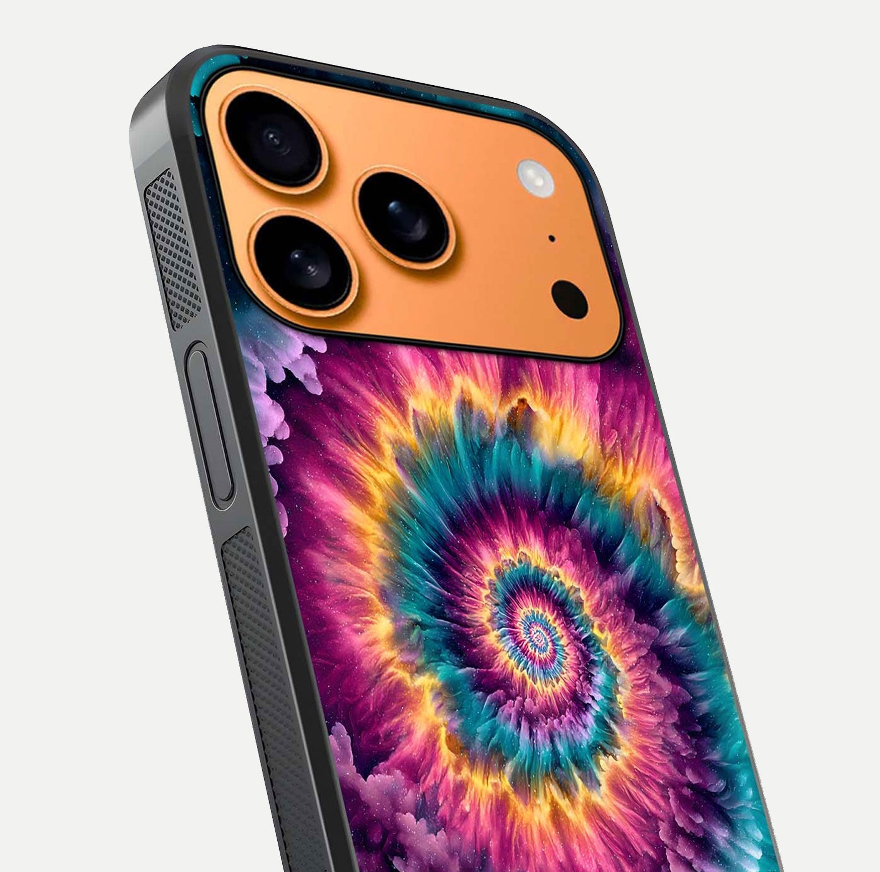 Galactic Spiral Burst Glass Case for iPhone 17 Pro Max close-up angled shot showing spiral burst detail, neon tones, and glossy reflection