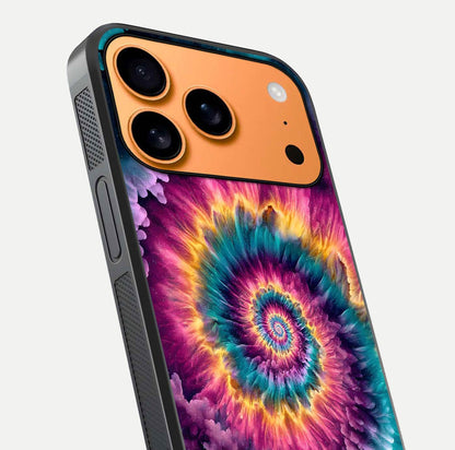 Galactic Spiral Burst Glass Case for iPhone 17 Pro Max close-up angled shot showing spiral burst detail, neon tones, and glossy reflection