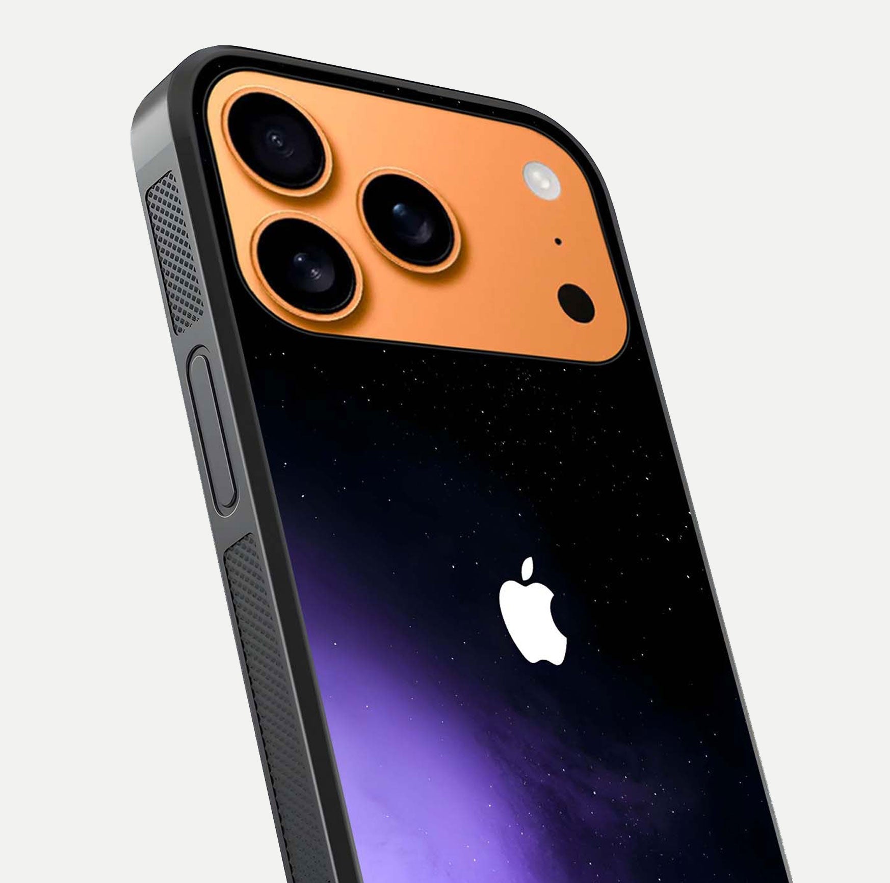 Galaxy Apple Aura Glass Case for iPhone 17 Pro Max close-up angled shot showing aura lighting and reflection polish
