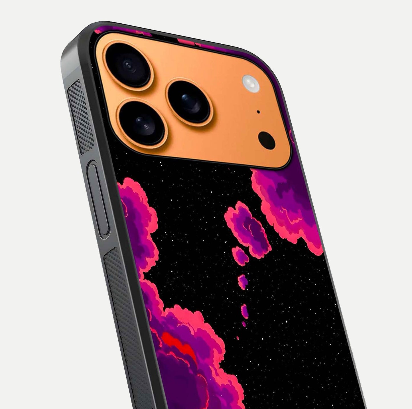 Galaxy Dream Frame Glass Case for iPhone 17 Pro Max close-up angled shot showing nebula patterns and reflection glow