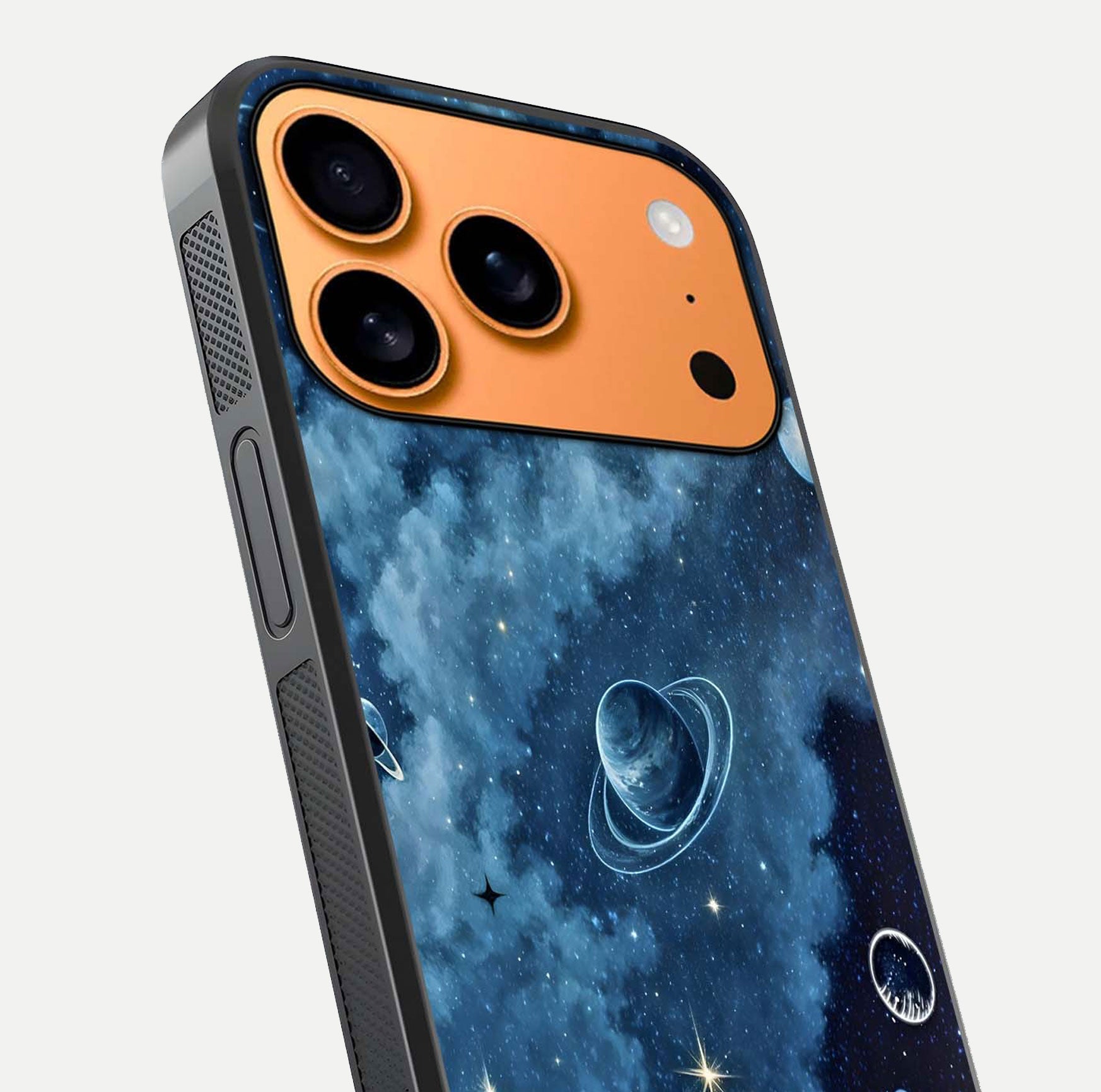 Galaxy Dream Space Glass Case for iPhone 17 Pro Max close-up angled shot highlighting nebula details and reflection shine