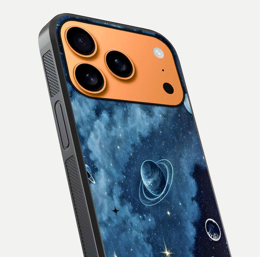 Galaxy Dream Space Glass Case for iPhone 17 Pro Max close-up angled shot highlighting nebula details and reflection shine