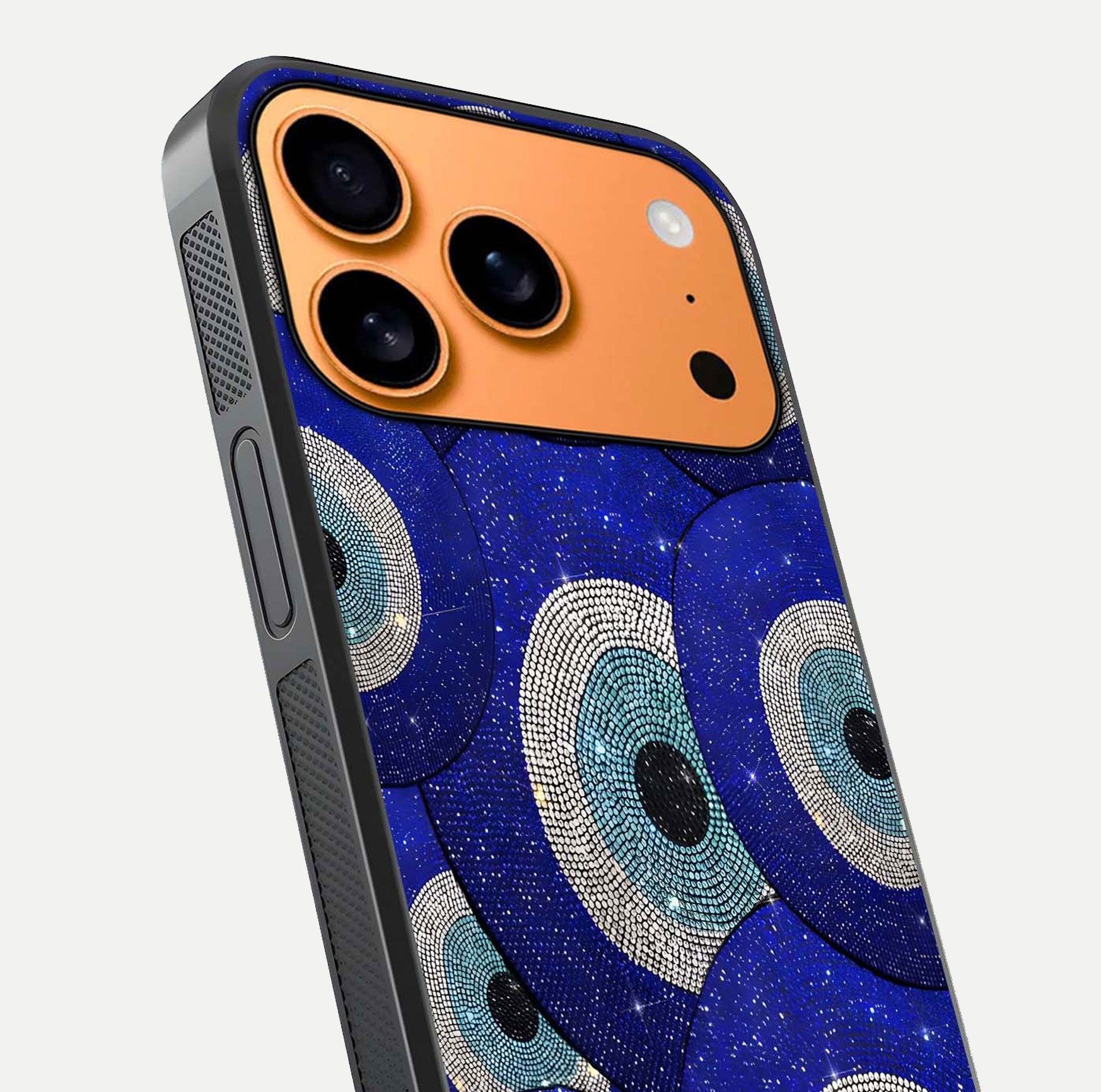 Galaxy Eye Flow Glass Case for iPhone 17 Pro Max close-up angled shot showing vivid swirl detail and reflection brightness