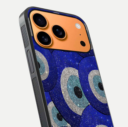 Galaxy Eye Flow Glass Case for iPhone 17 Pro Max close-up angled shot showing vivid swirl detail and reflection brightness