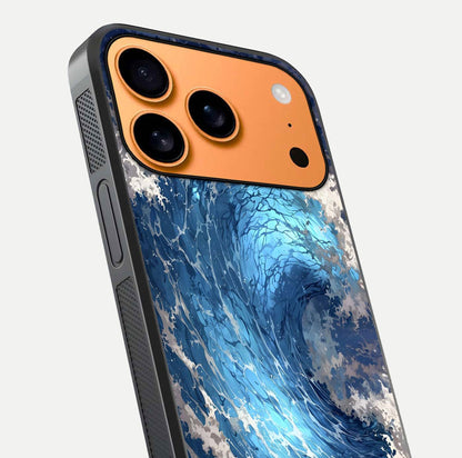 Giant Ocean Wave Glass Case for iPhone 17 Pro Max close-up angled shot showing wave texture and water reflection shine