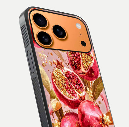 Golden Bloom Glow Glass Case for iPhone 17 Pro Max close-up angled shot showing metallic tones and reflection brilliance