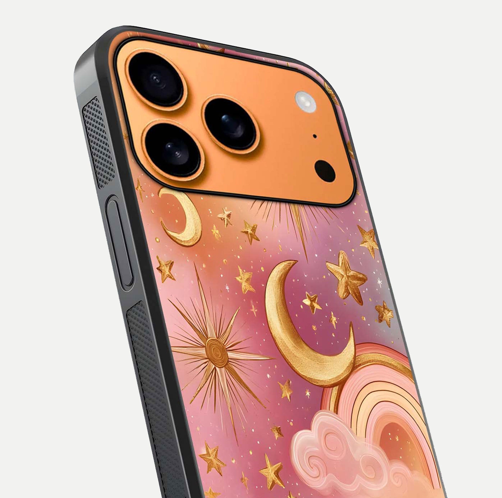 Golden Celestial Dreams Glass Case for iPhone 17 Pro Max close-up angled shot showing cosmic gold tones and reflection shine