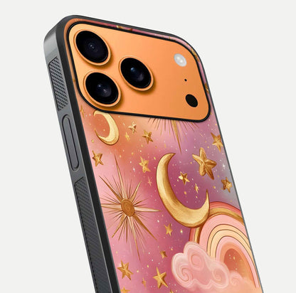 Golden Celestial Dreams Glass Case for iPhone 17 Pro Max close-up angled shot showing cosmic gold tones and reflection shine