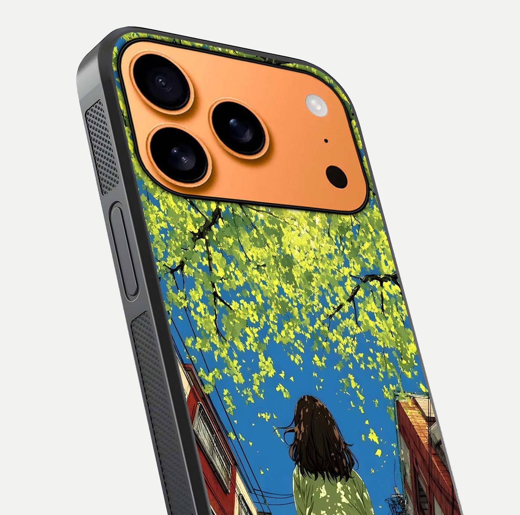 Golden Leaves Glow Glass Case for iPhone 17 Pro Max close-up angled shot showing fine leaf texture and reflection shine