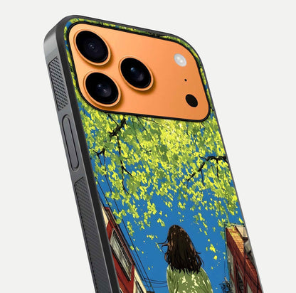 Golden Leaves Glow Glass Case for iPhone 17 Pro Max close-up angled shot showing fine leaf texture and reflection shine