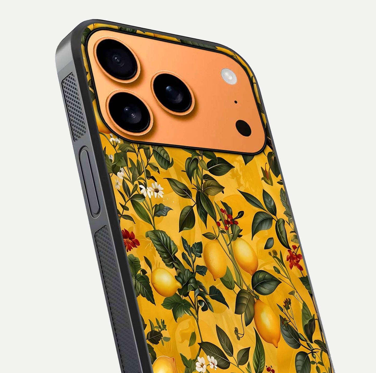 Golden Lemon Field Glass Case for iPhone 17 Pro Max close-up angled shot showing citrus texture and reflection brilliance