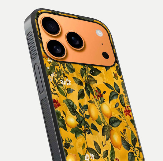 Golden Lemon Field Glass Case for iPhone 17 Pro Max close-up angled shot showing citrus texture and reflection brilliance