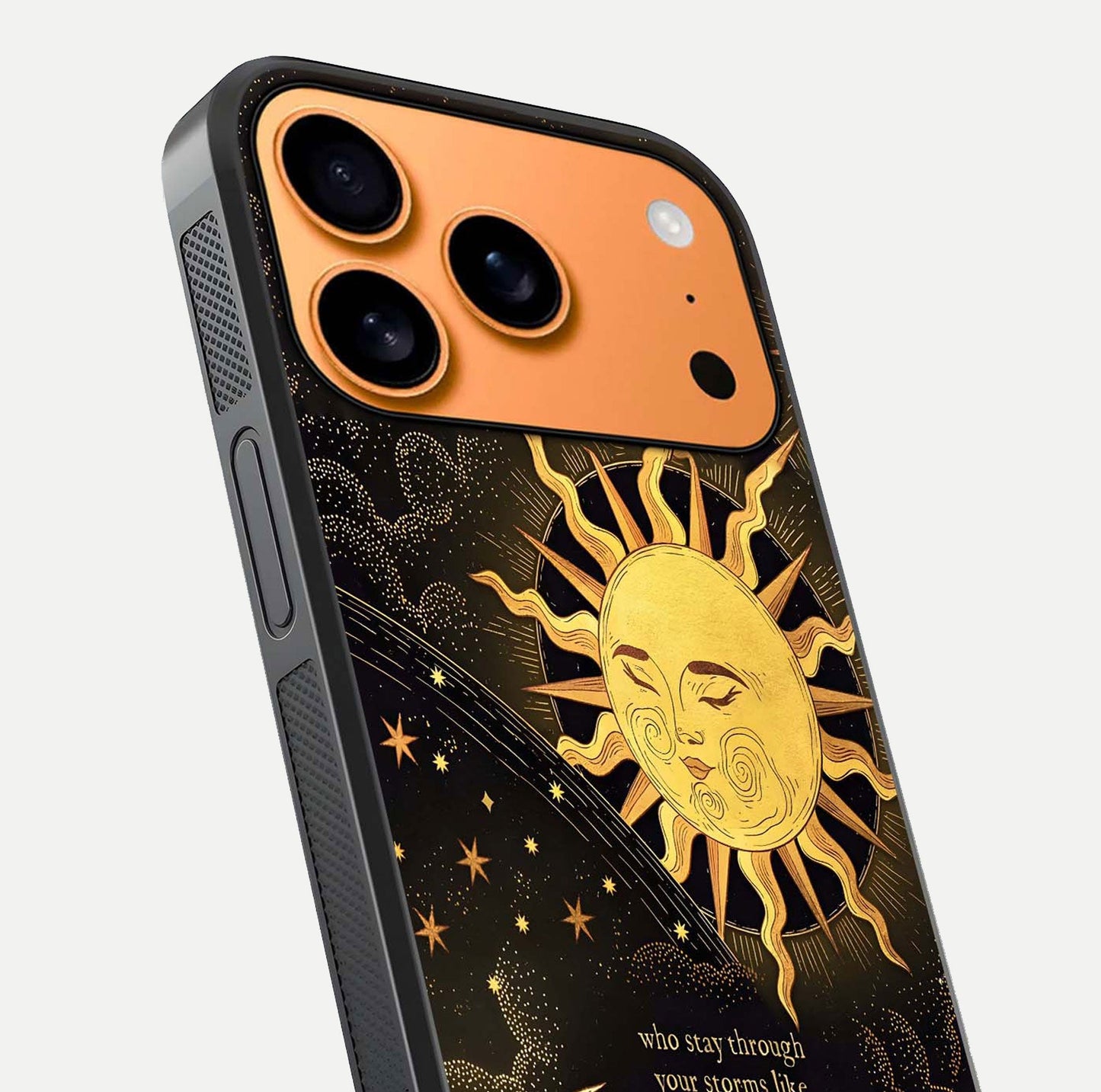Golden Lunar Love Glass Case for iPhone 17 Pro Max close-up angled shot showing moon glow, texture, and reflection polish