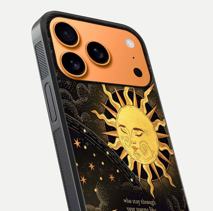 Golden Lunar Love Glass Case for iPhone 17 Pro Max close-up angled shot showing moon glow, texture, and reflection polish