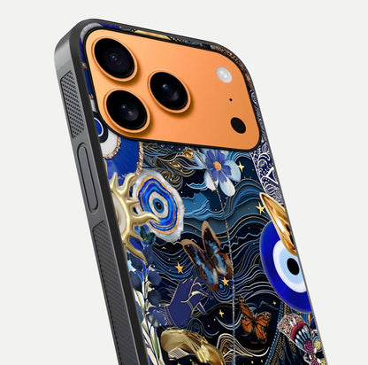 Golden Moon Magic Glass Case for iPhone 17 Pro Max close-up angled shot showing lunar glow, star detail, and reflection brightness
