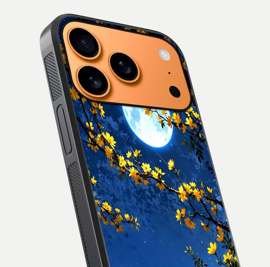 Golden Night Glow Glass Case for iPhone 17 Pro Max close-up angled shot showing shimmer texture and light reflection