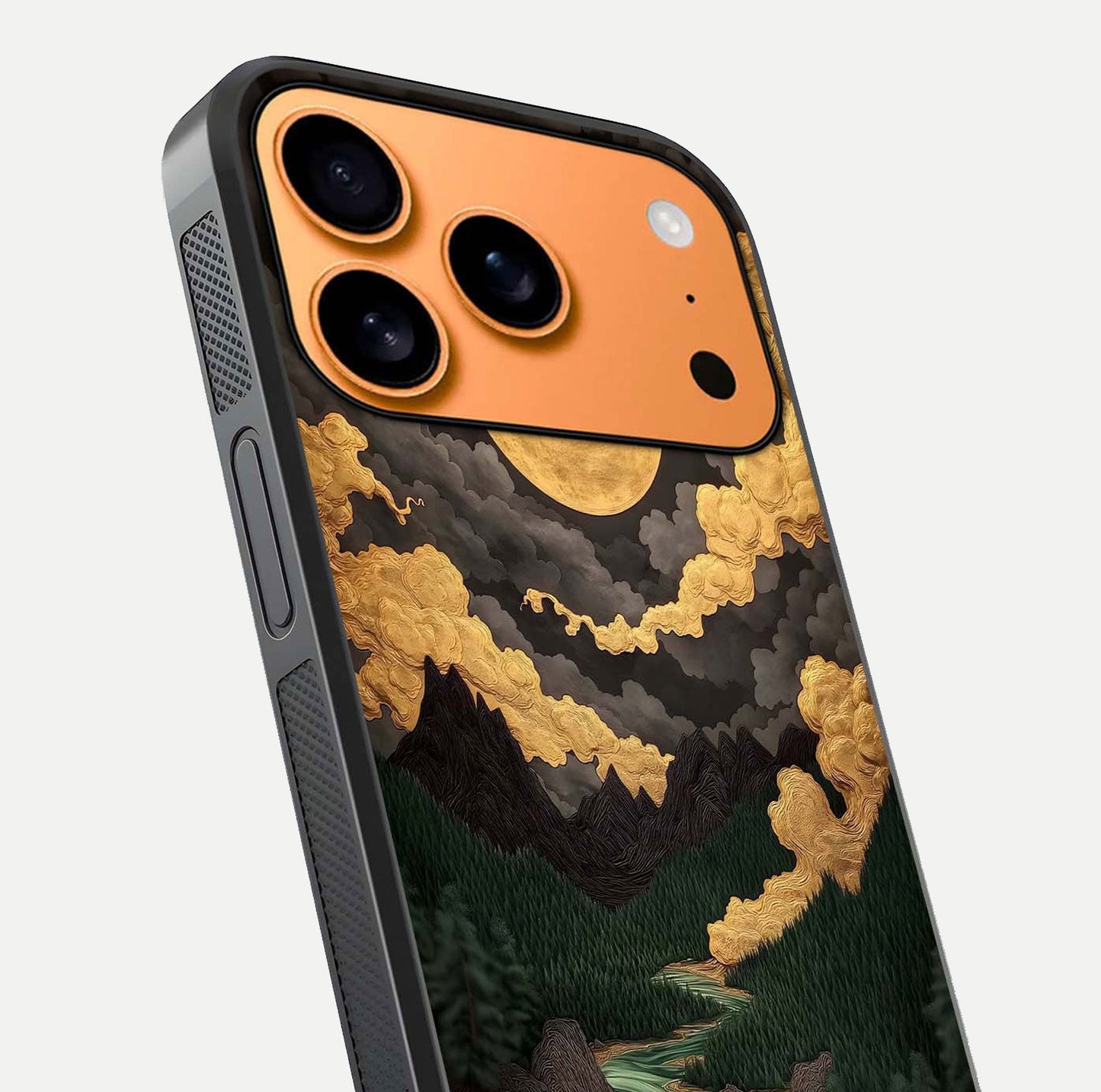 Golden River Moon Glass Case for iPhone 17 Pro Max close-up angled shot showing moon reflection and water shine