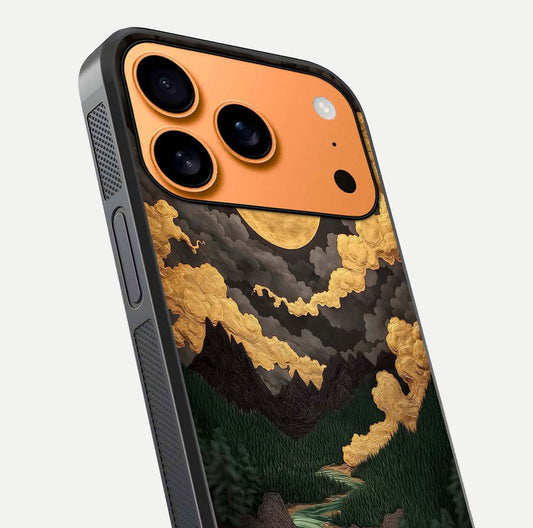 Golden River Moon Glass Case for iPhone 17 Pro Max close-up angled shot showing moon reflection and water shine