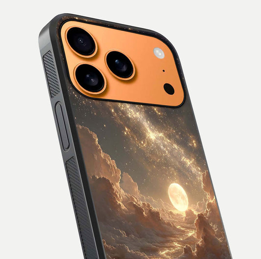 Golden Sky Dream Glass Case for iPhone 17 Pro Max close-up angled shot showing gradient tones and reflection polish