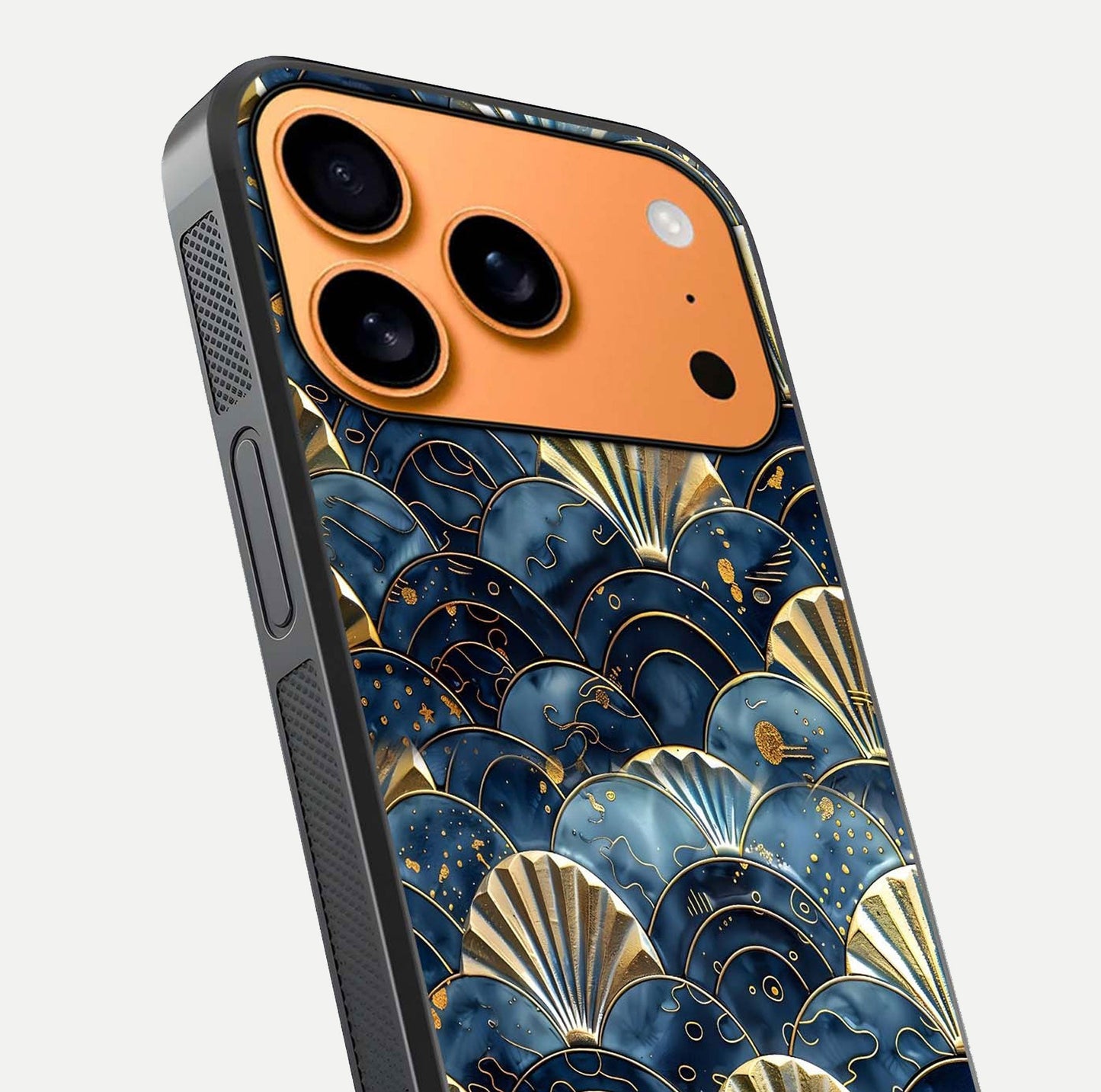 Golden Wave Luxe Glass Case for iPhone 17 Pro Max close-up angled shot showing flowing wave texture and reflection brightness