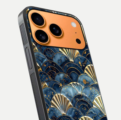 Golden Wave Luxe Glass Case for iPhone 17 Pro Max close-up angled shot showing flowing wave texture and reflection brightness
