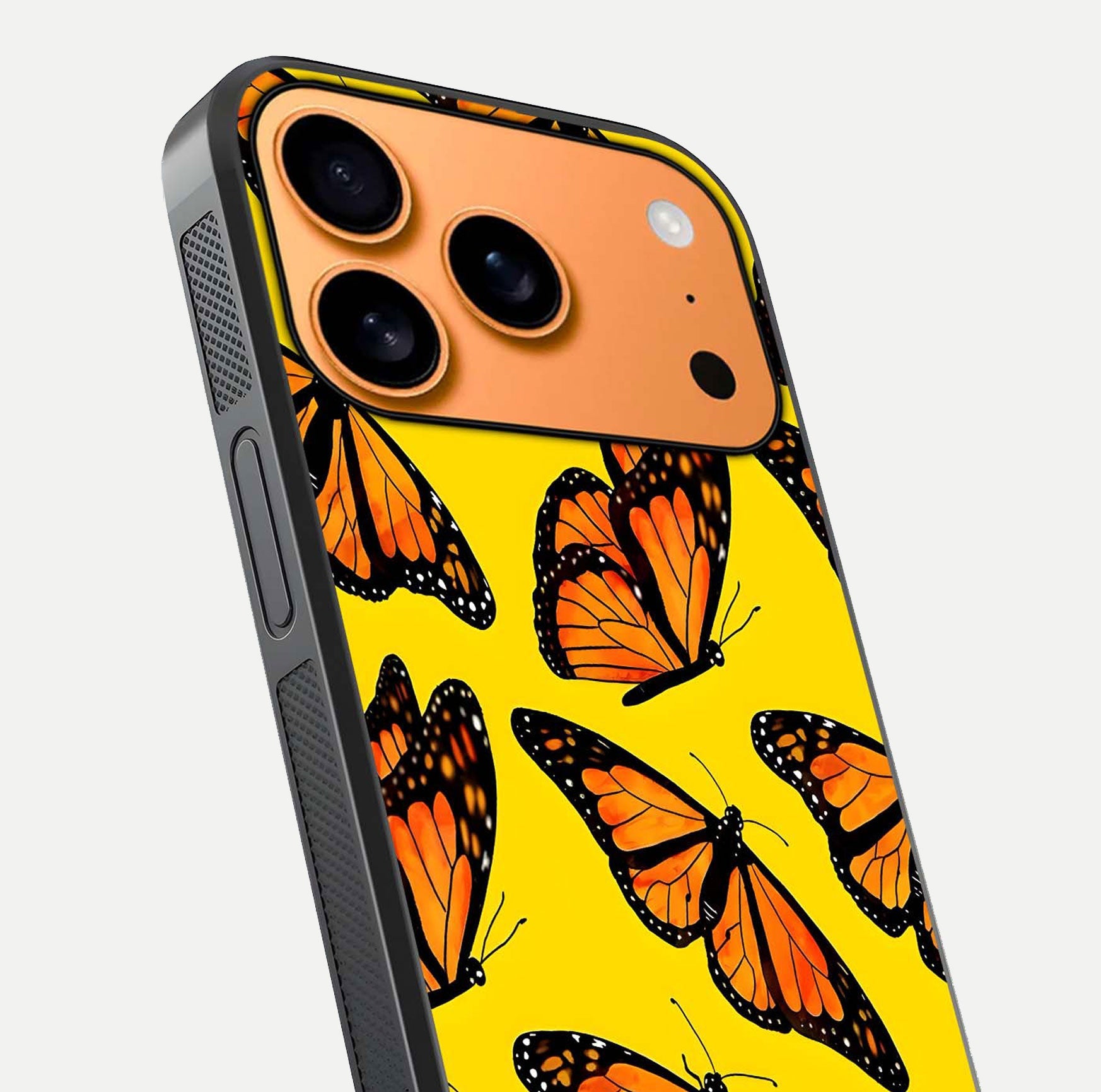 Golden Wing Flight Glass Case for iPhone 17 Pro Max close-up angled shot showing metallic wing texture and shine detail
