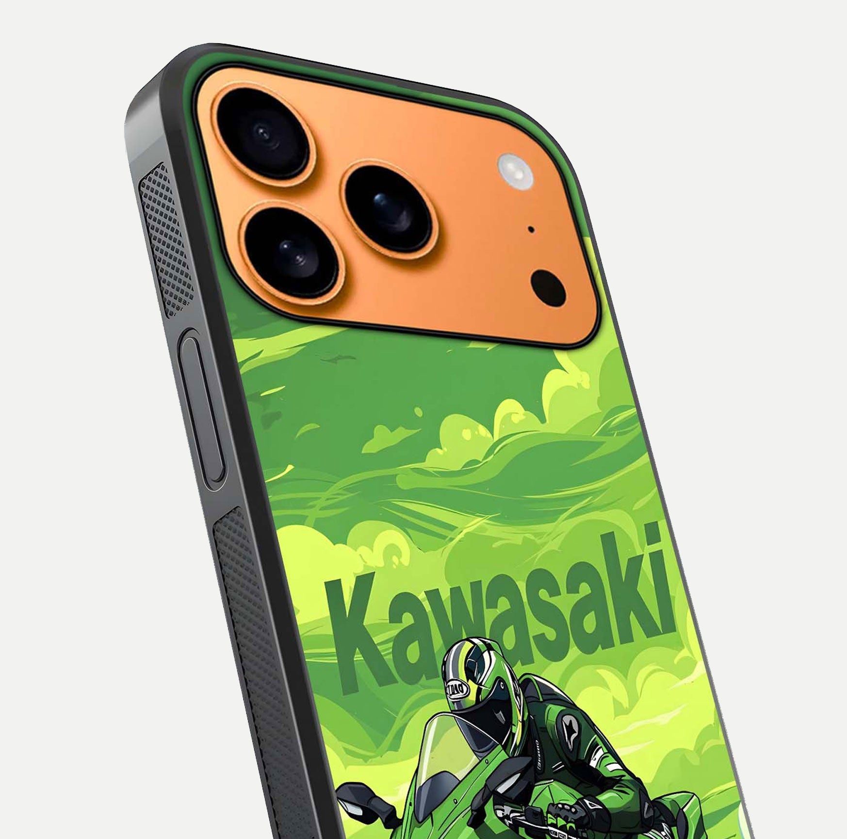 Green Kawasaki Glass Case for iPhone 17 Pro Max close-up angled shot showing sporty line details and reflection shine