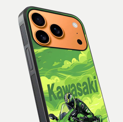 Green Kawasaki Glass Case for iPhone 17 Pro Max close-up angled shot showing sporty line details and reflection shine