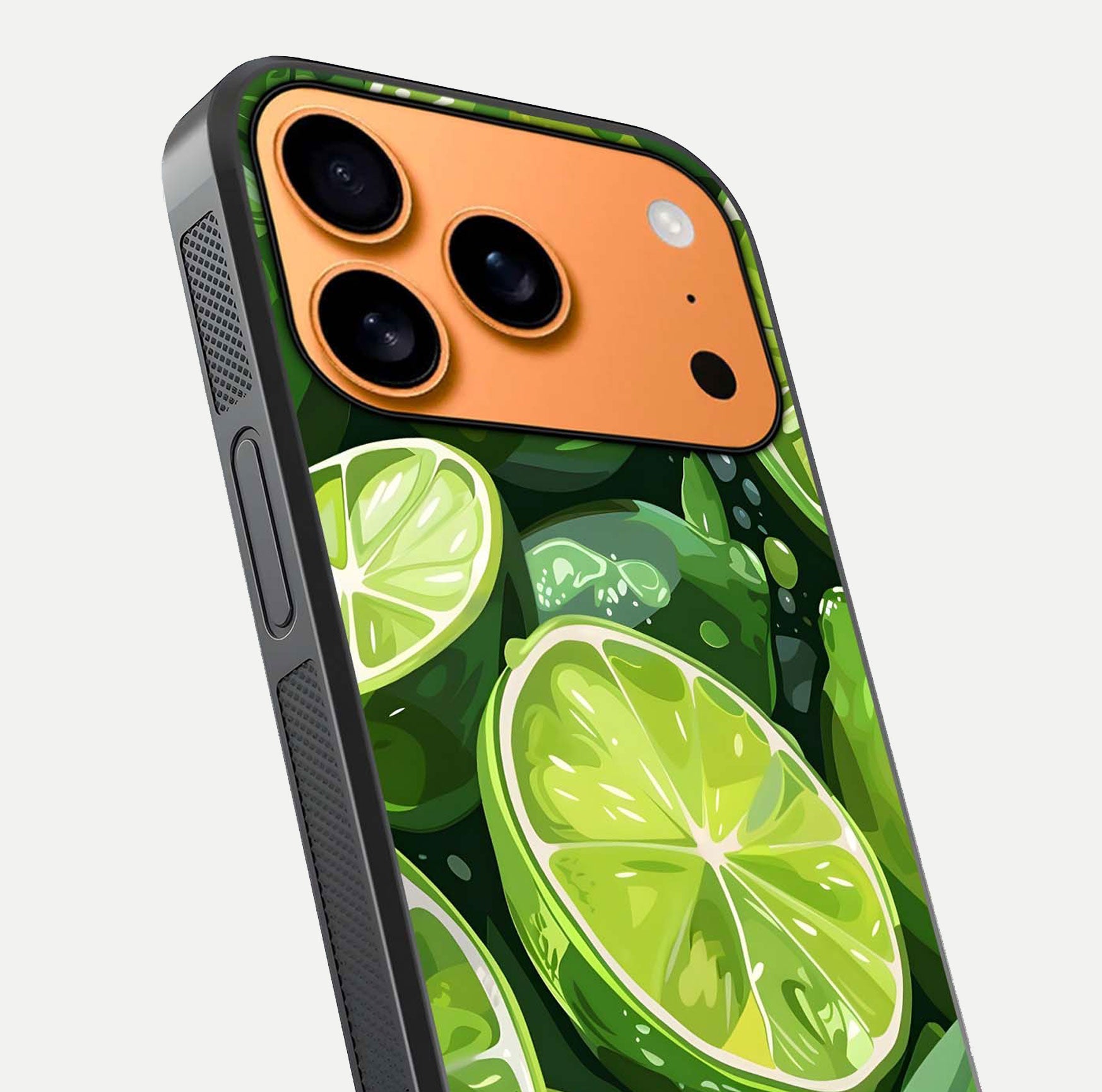 Green Lemon Glass Case for iPhone 17 Pro Max close-up angled shot showing lemon slice texture and reflection brightness