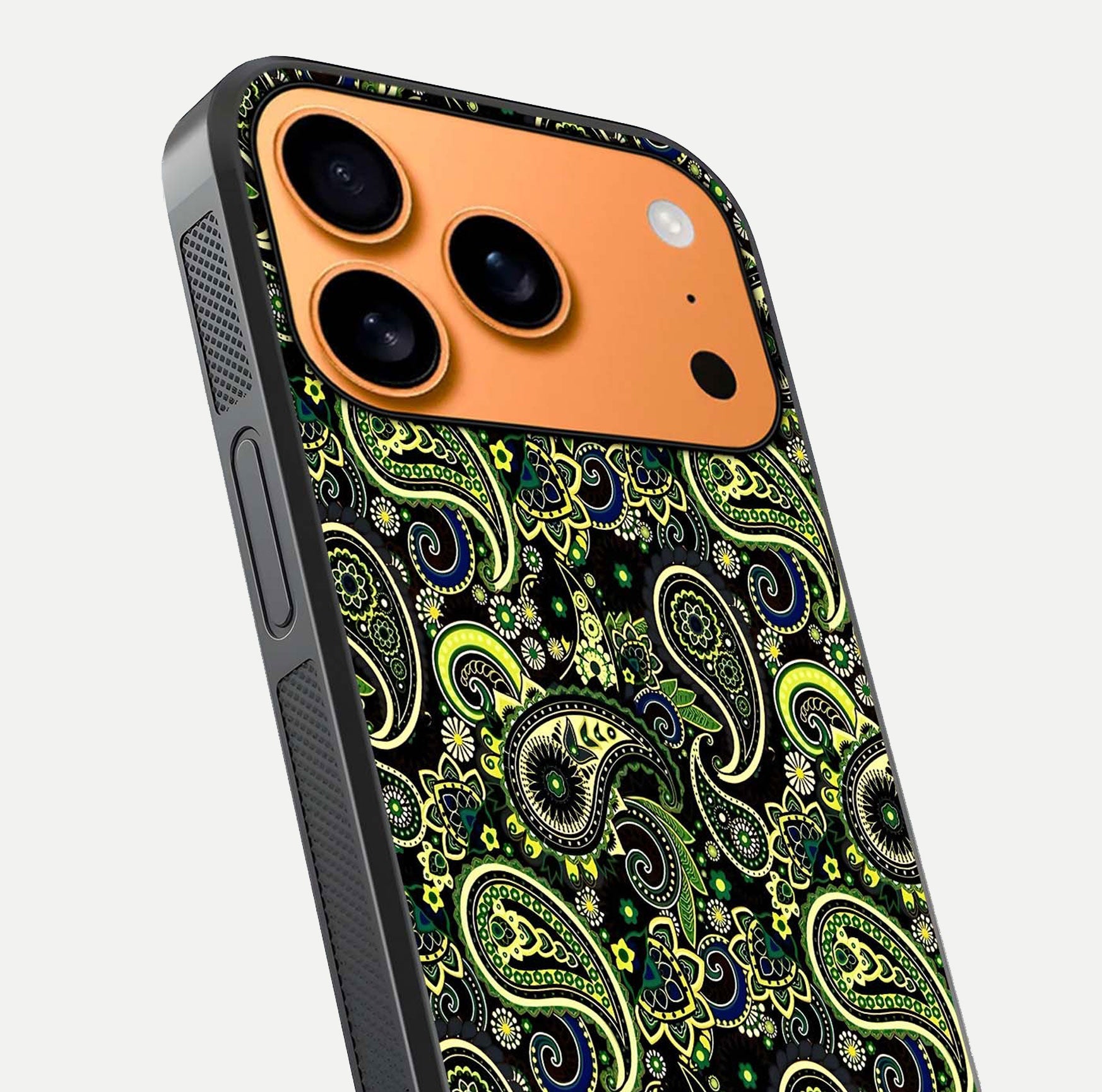 Green Mandala Pattern Glass Case for iPhone 17 Pro Max close-up angled shot showing fine detailing and gold-green reflection